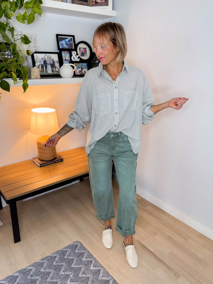 Gia Button Down Long Sleeve- GREEN