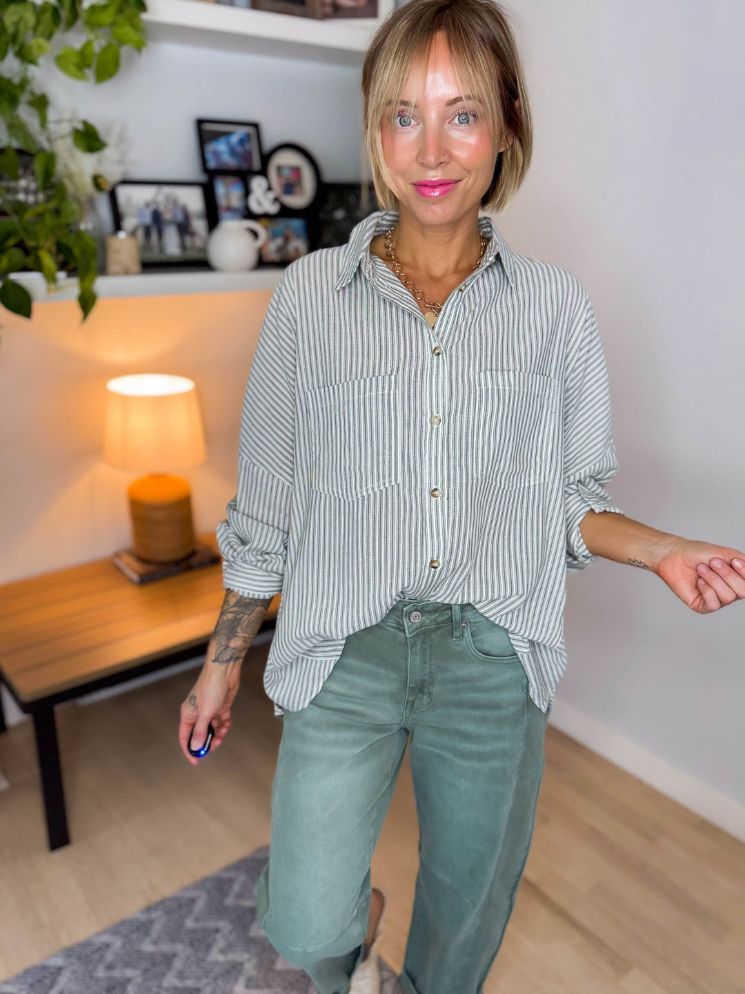 Gia Button Down Long Sleeve- GREEN