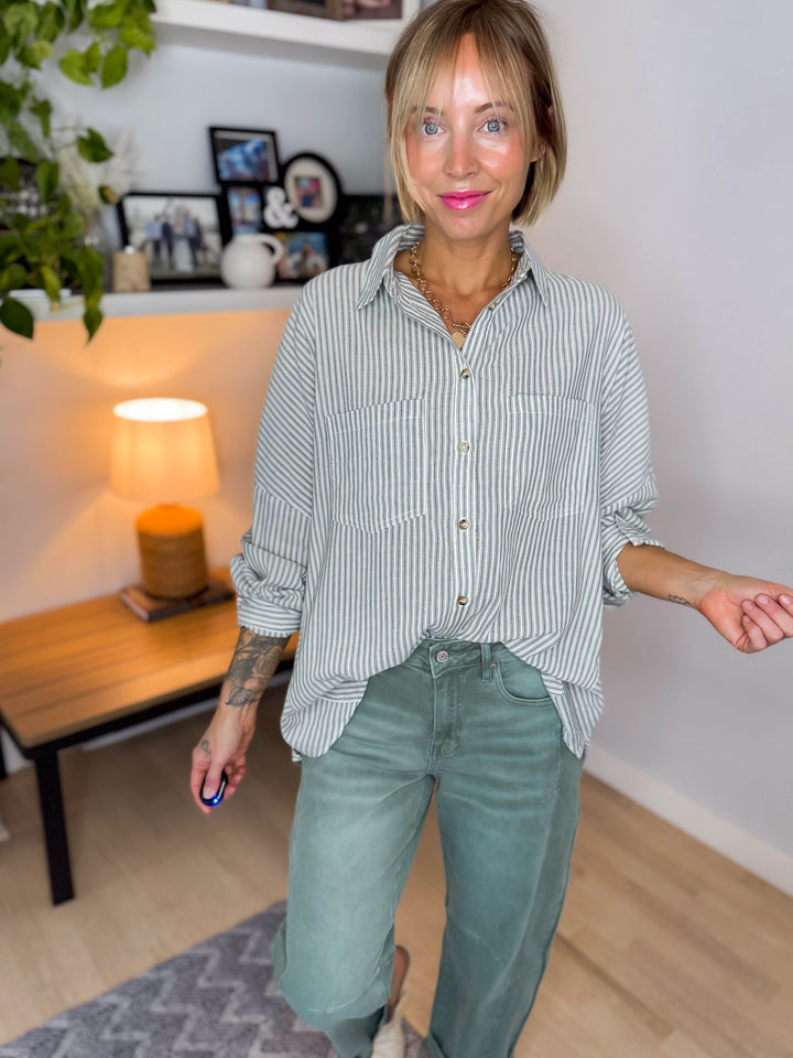 Gia Button Down Long Sleeve- GREEN