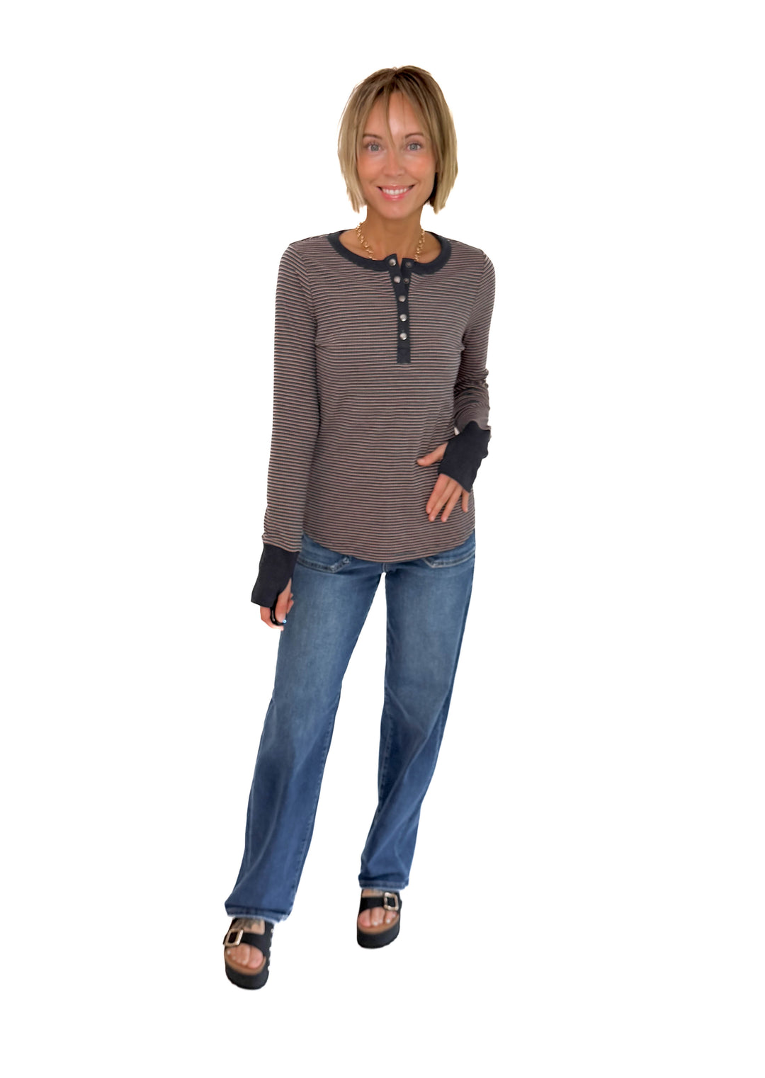 Drea Ribbed Snap Button Henley- CHARCOAL