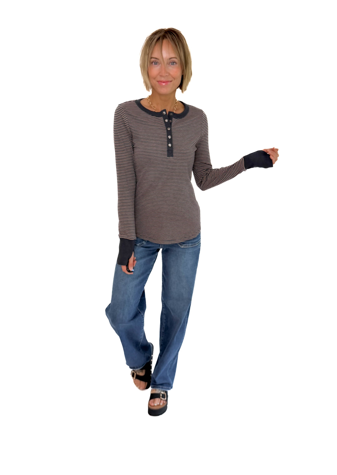 Drea Ribbed Snap Button Henley- CHARCOAL