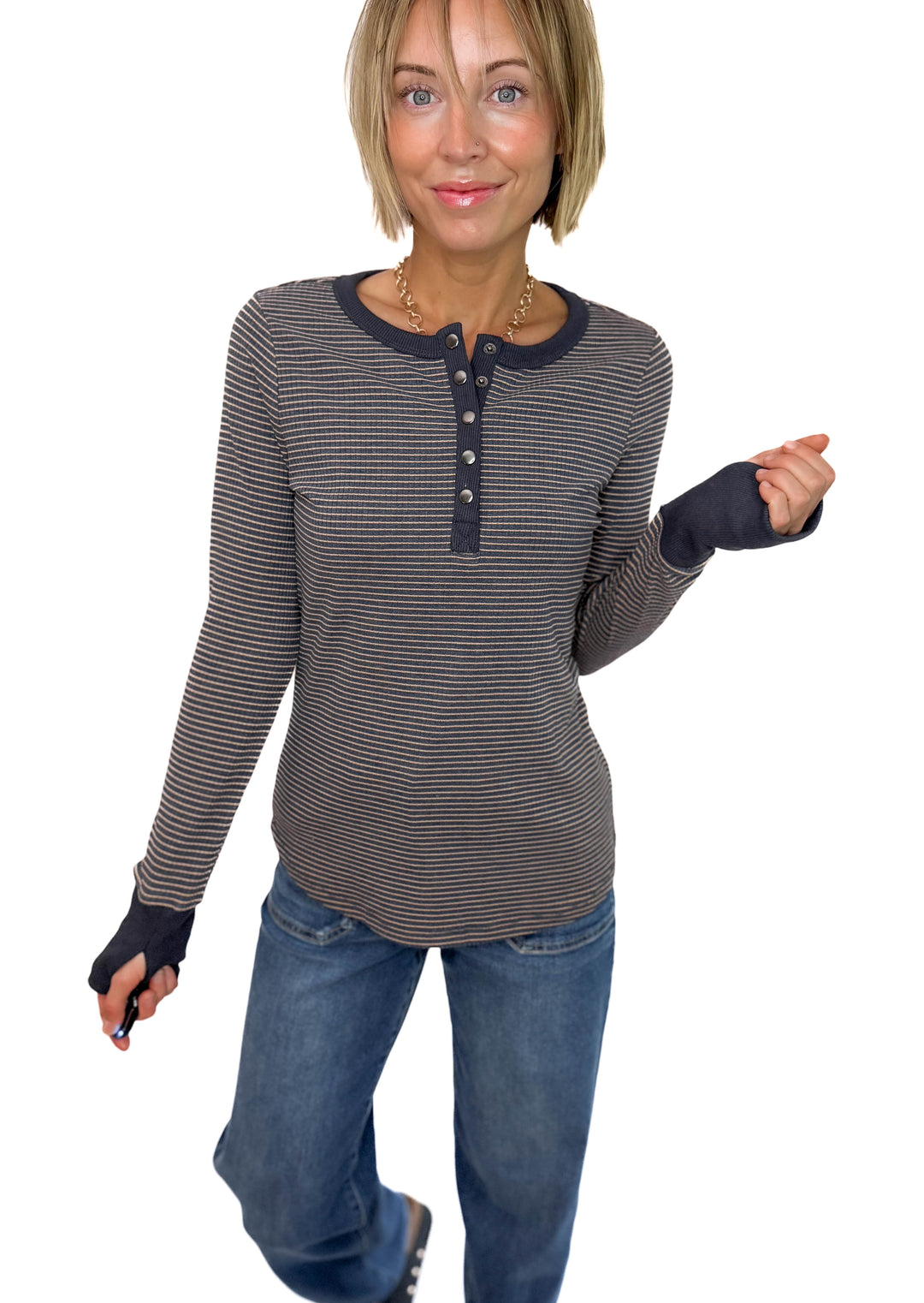 Drea Ribbed Snap Button Henley- CHARCOAL