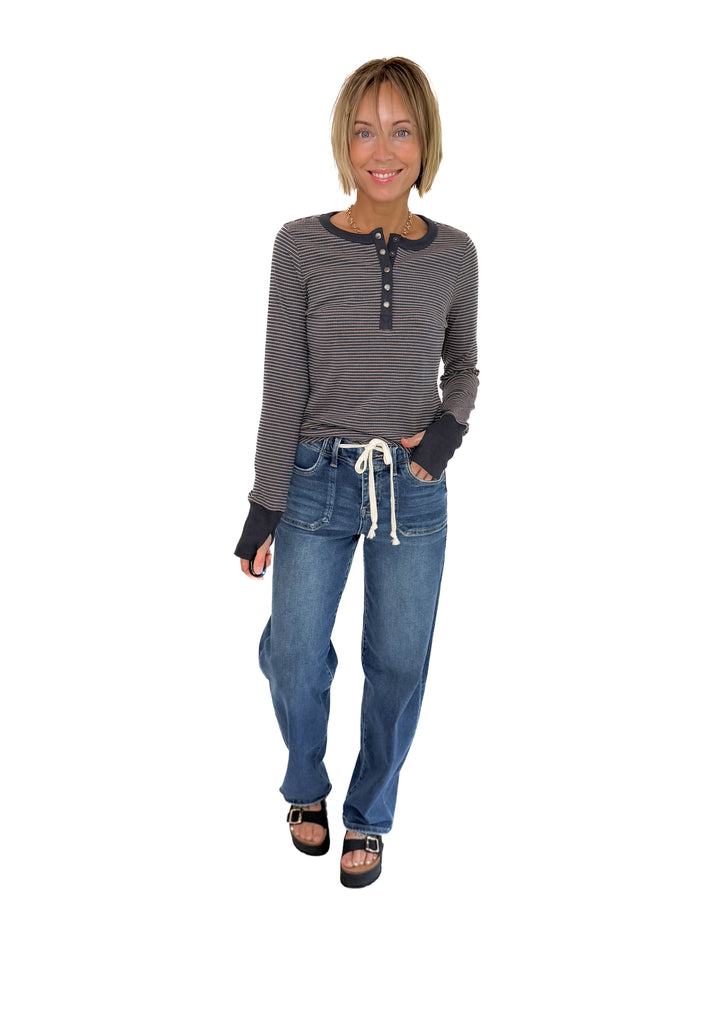 Drea Ribbed Snap Button Henley- CHARCOAL