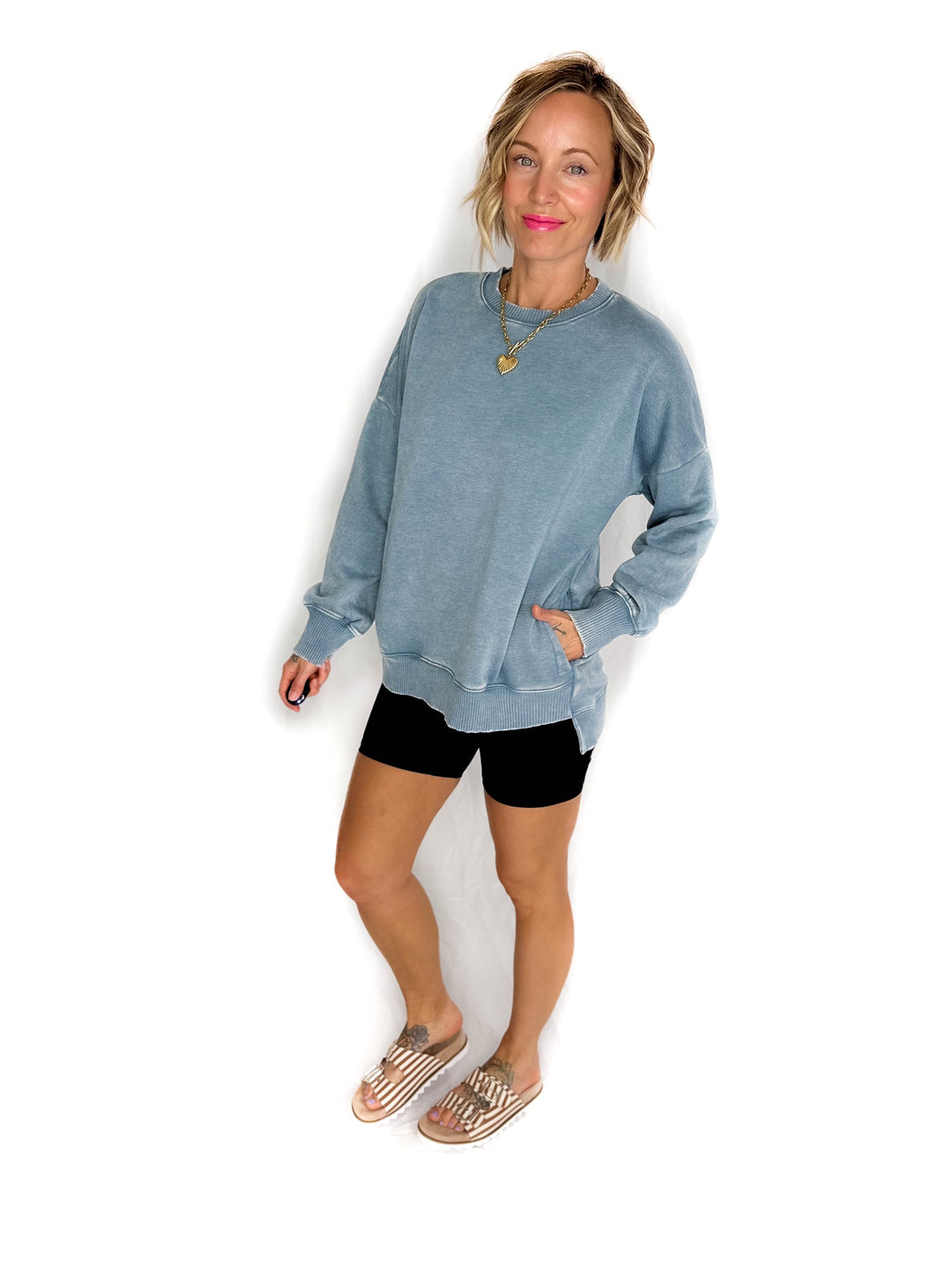 Caslo Acid Wash Fleece Pullover- BLUE GREY