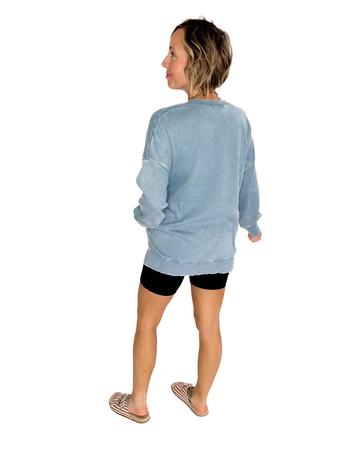 Caslo Acid Wash Fleece Pullover- BLUE GREY