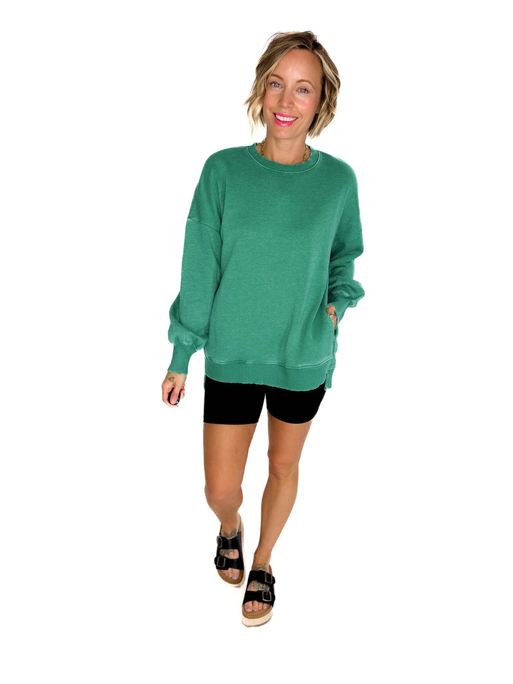 Caslo Acid Wash Fleece Pullover- KELLY GREEN