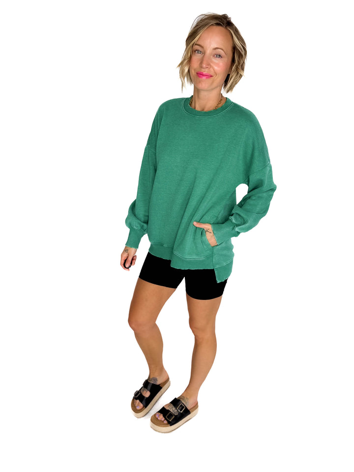 Caslo Acid Wash Fleece Pullover- KELLY GREEN
