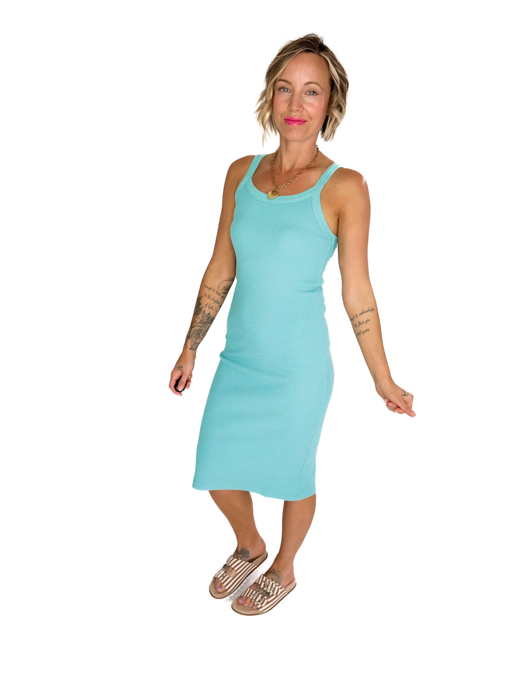 Connie Ribbed Midi Tank Dress- NEON AQUA-FINAL SALE
