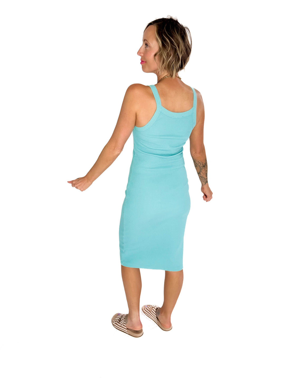 Connie Ribbed Midi Tank Dress- NEON AQUA-FINAL SALE