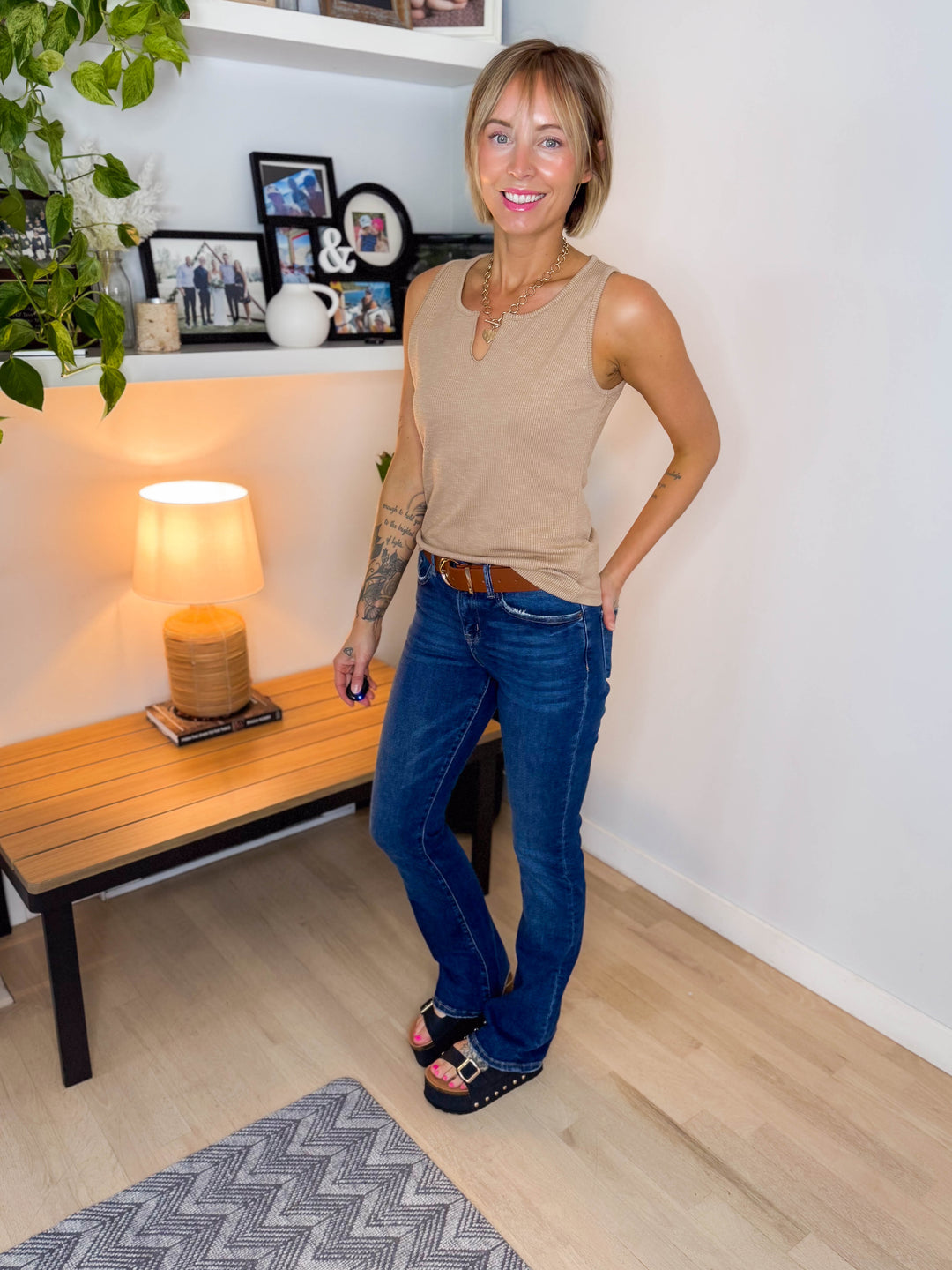 Zuri Rib Knit Tank With Notch Details- MOCHA