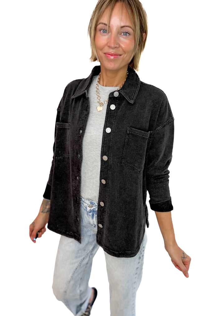 Grace Soft Terry Washed Shacket- CHARCOAL BLACK