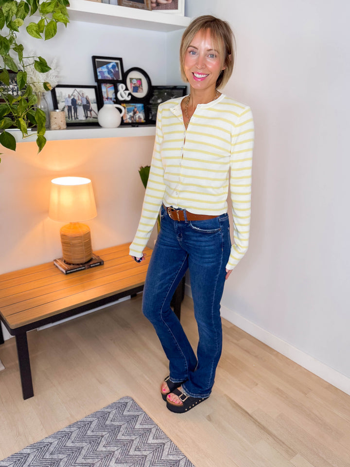 Victoria Stripe Button Down Sweater- YELLOW