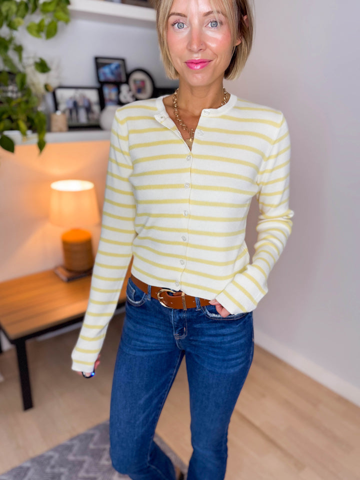 Victoria Stripe Button Down Sweater- YELLOW