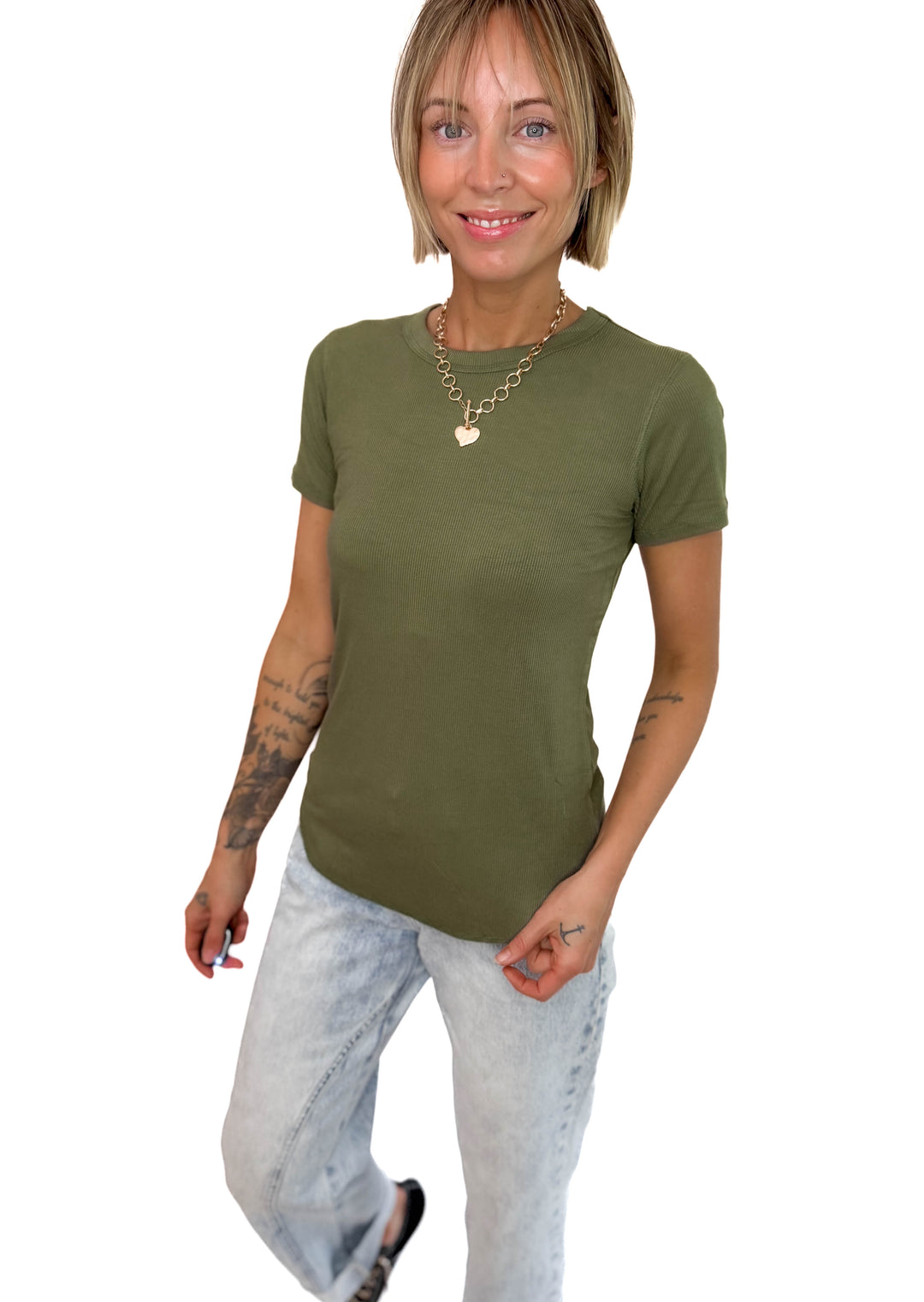 Odette Ribbed Short Sleeve- LIGHT OLIVE