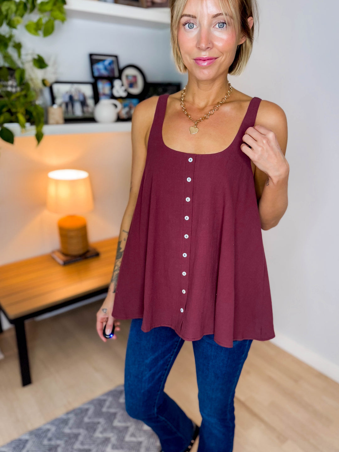 Kalli Cotton Gauze Button Tank- RED BEAN