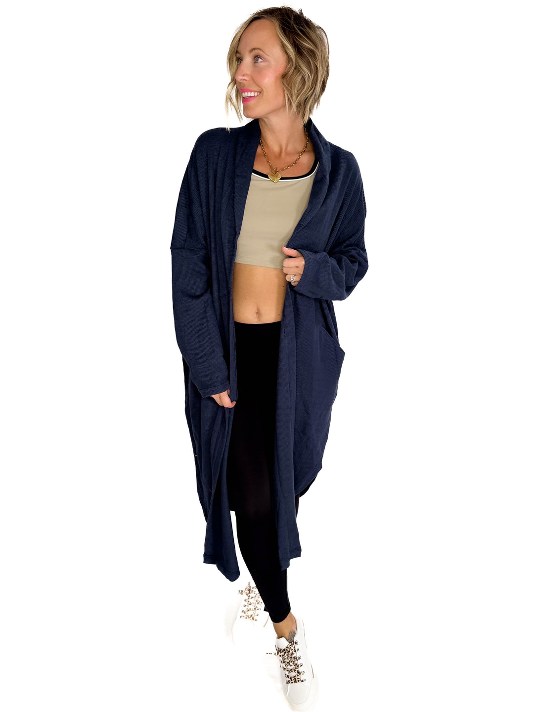 Ginny Thermal Knit Oversized Cardigan- DARK NAVY
