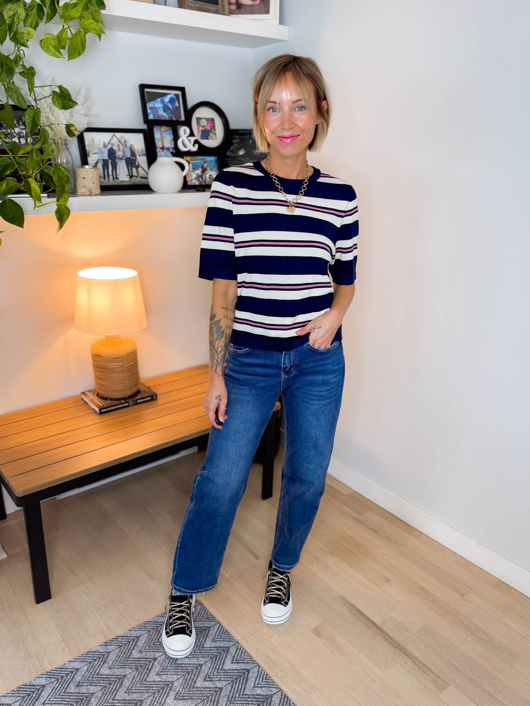 VERO MODA Silvie Knit Short Sleeve- NAVY BIRCH STRIPE