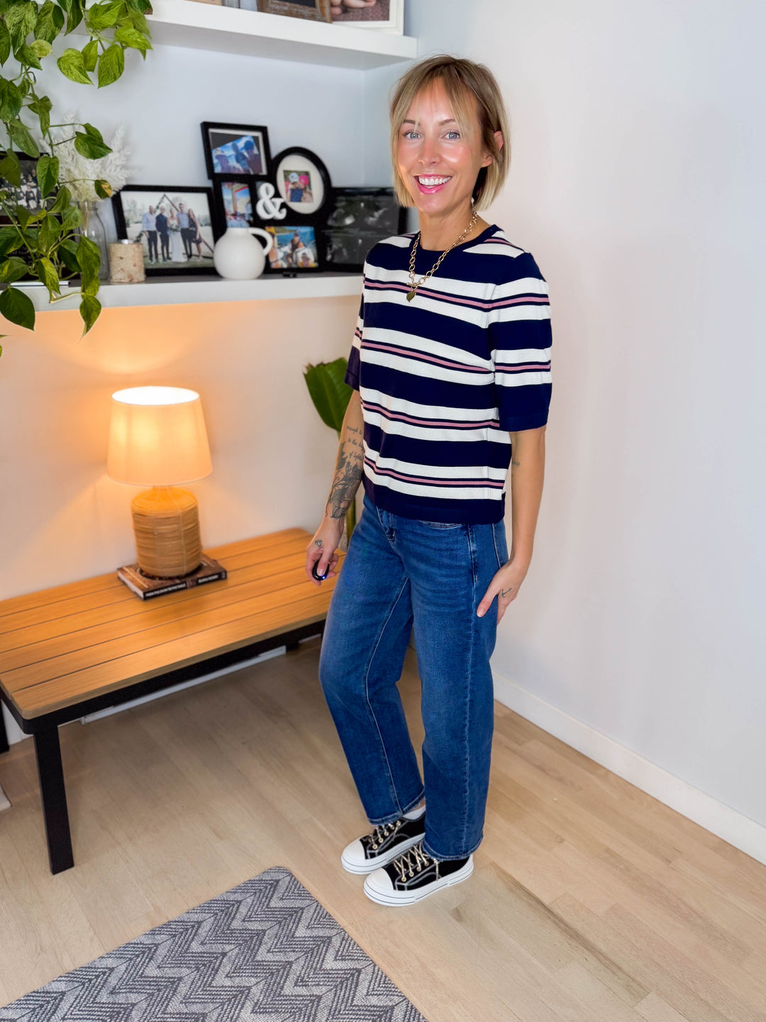 VERO MODA Silvie Knit Short Sleeve- NAVY BIRCH STRIPE