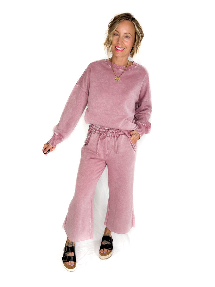 Caslo Acid Wash Fleece Palazzo Sweats- LIGHT ROSE