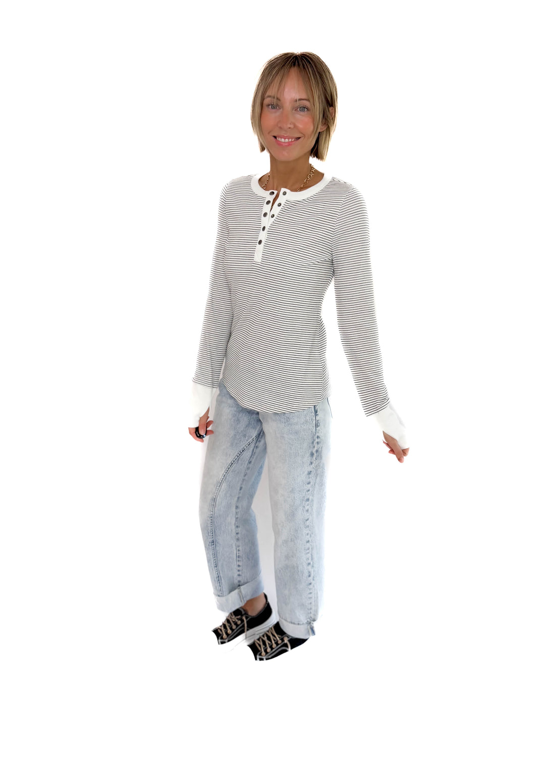 Drea Ribbed Snap Button Henley- OFF WHITE