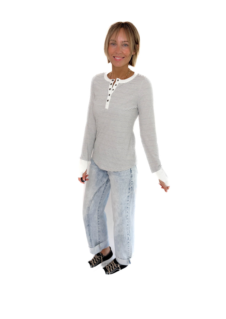 Drea Ribbed Snap Button Henley- OFF WHITE