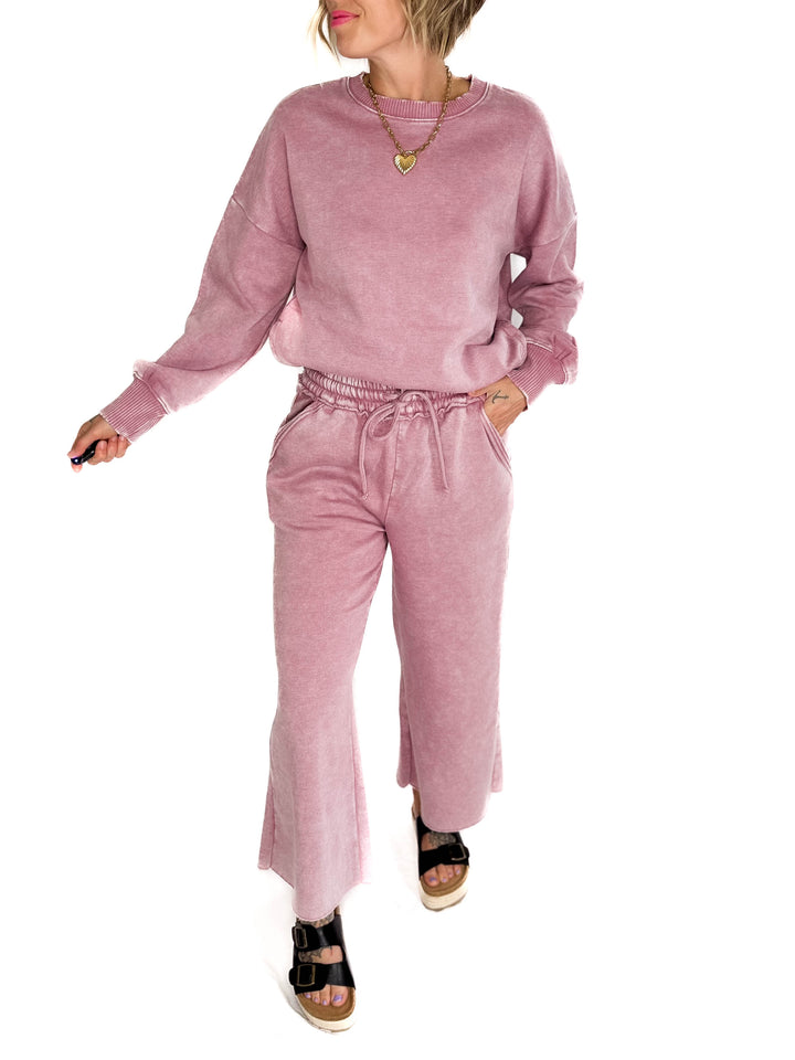 Caslo Acid Wash Fleece Palazzo Sweats- LIGHT ROSE