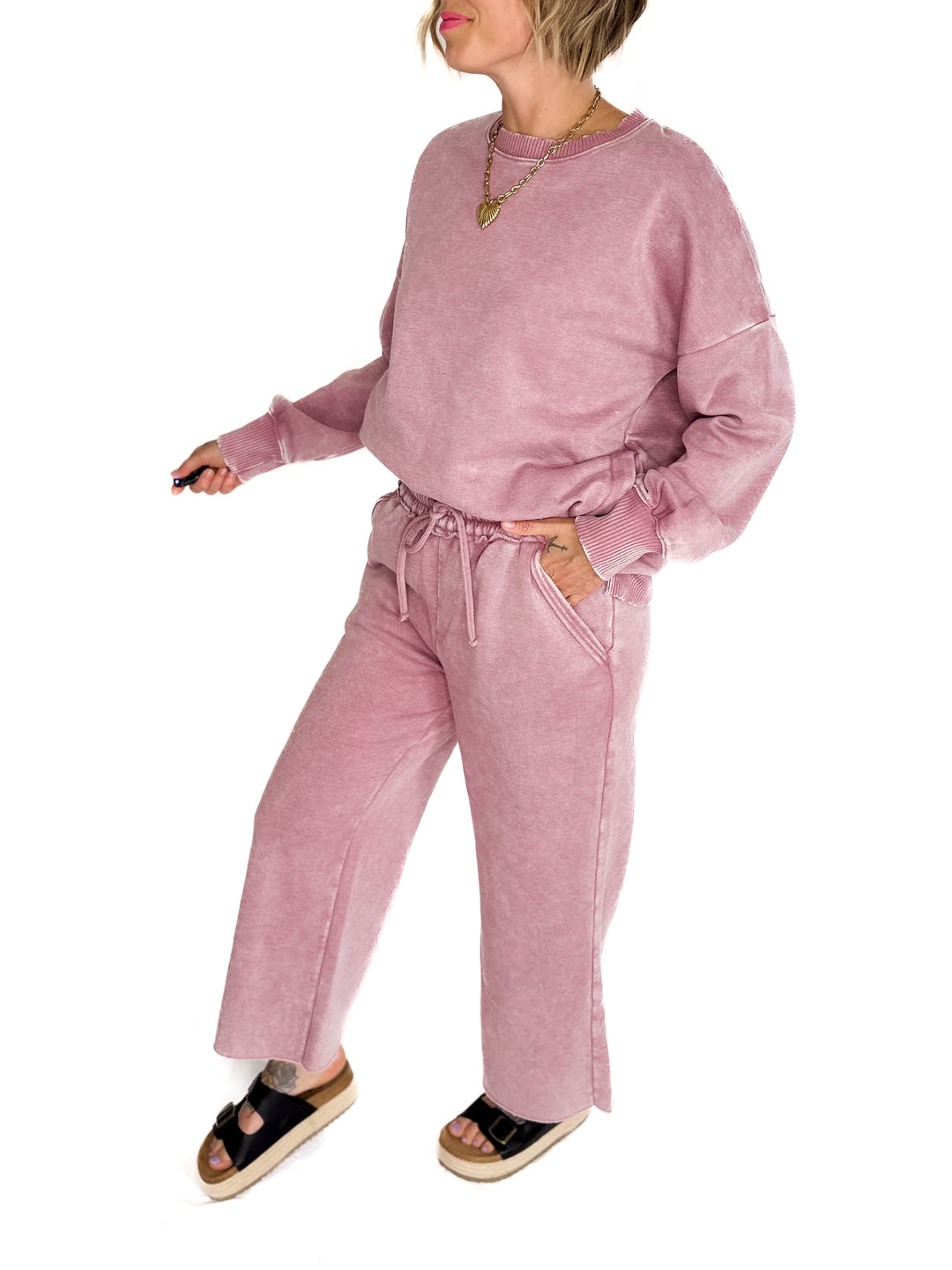 Caslo Acid Wash Fleece Palazzo Sweats- LIGHT ROSE