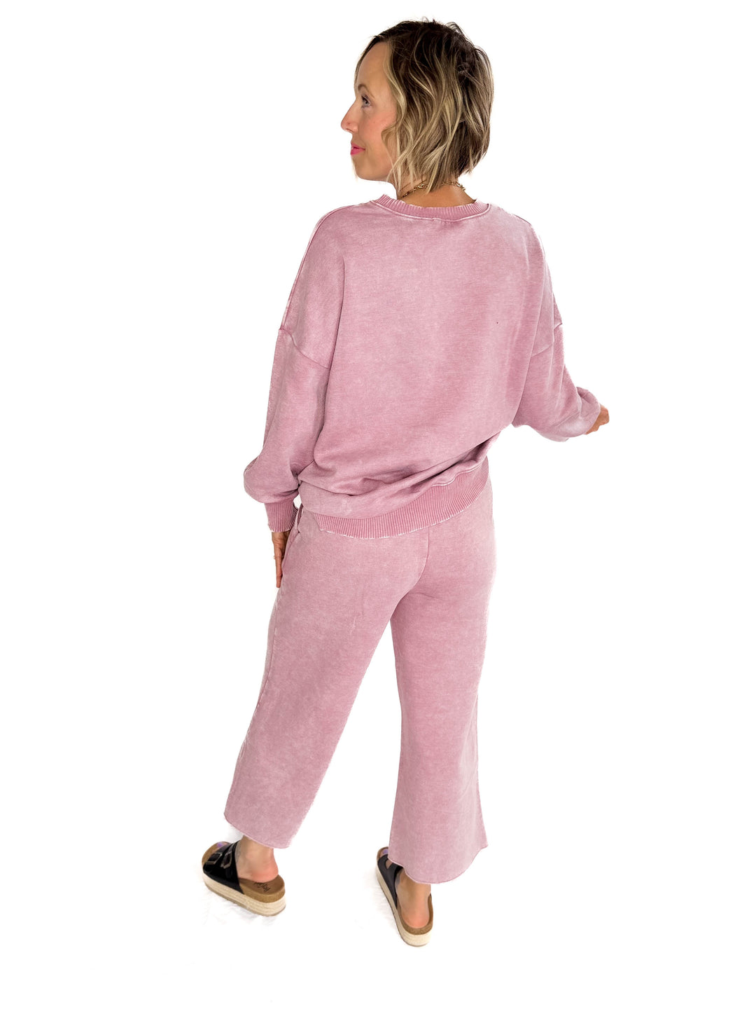 Caslo Acid Wash Fleece Palazzo Sweats- LIGHT ROSE