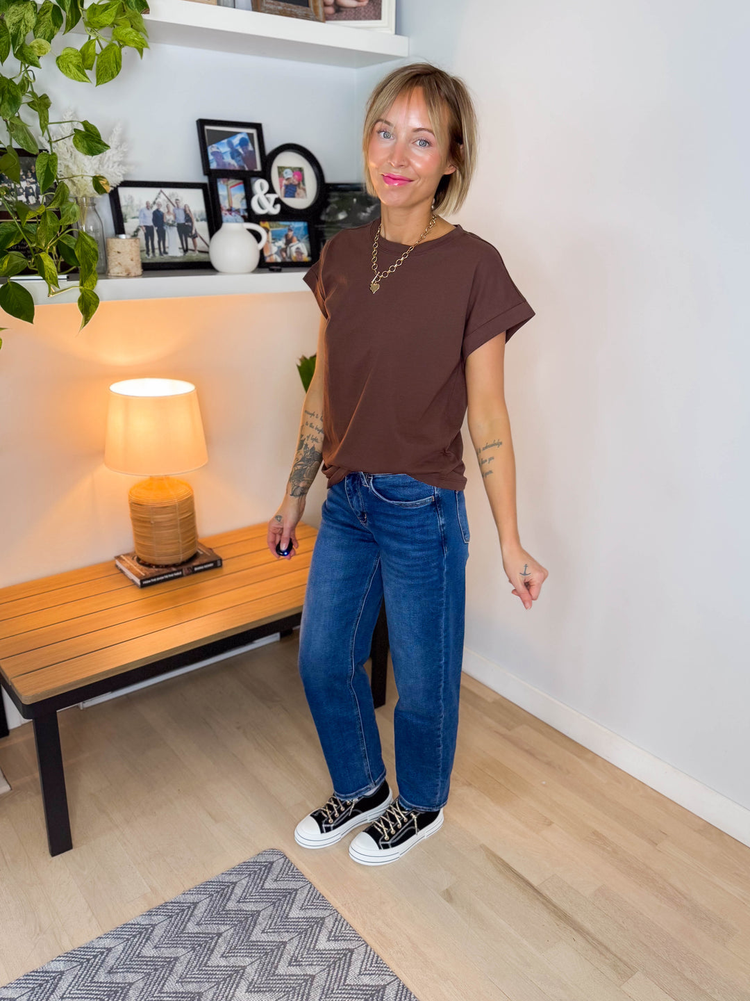 Addison Cotton Folded Sleeve T-Shirt- BROWN