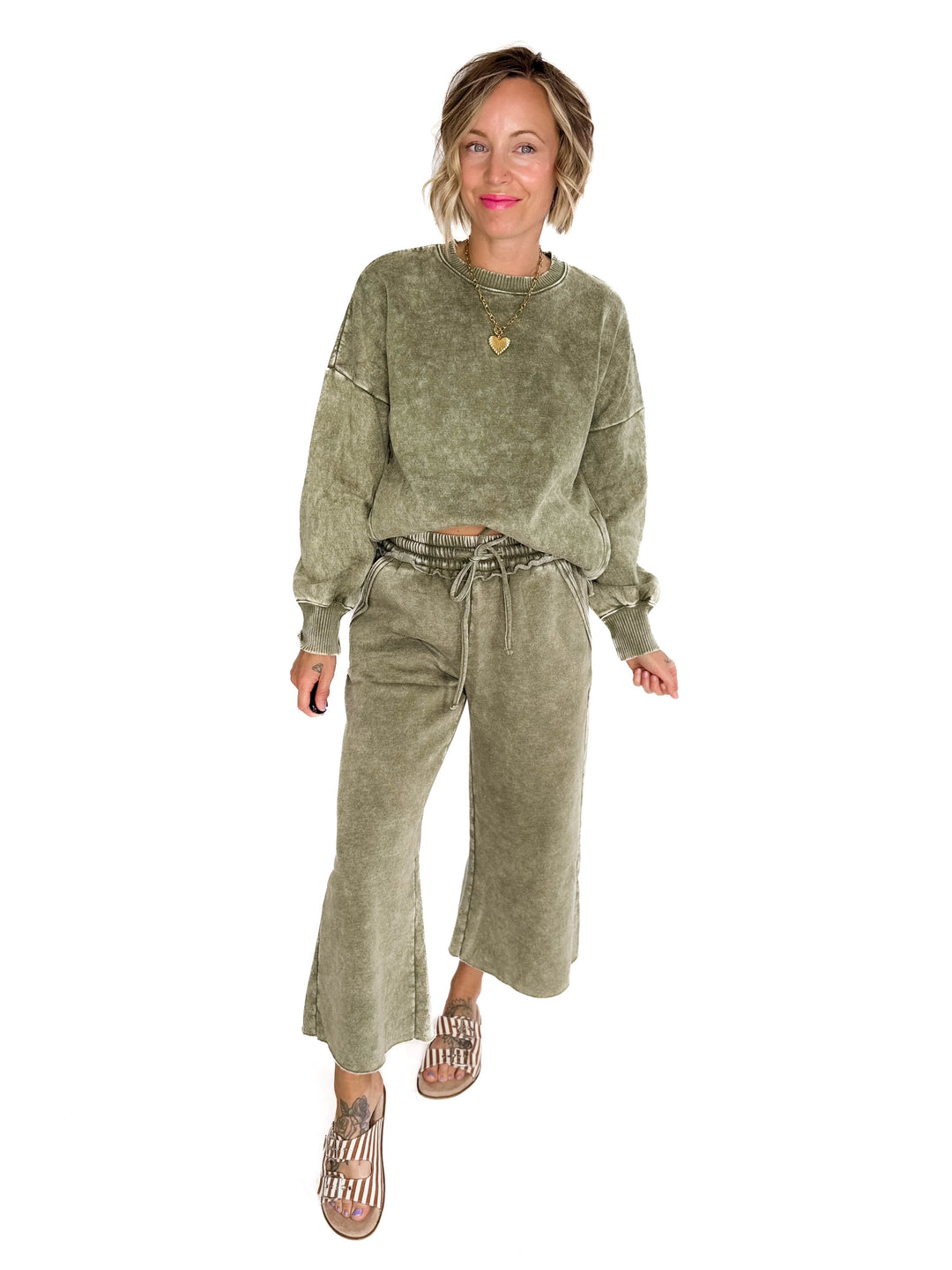 Caslo Acid Wash Fleece Palazzo Sweats- LT OLIVE