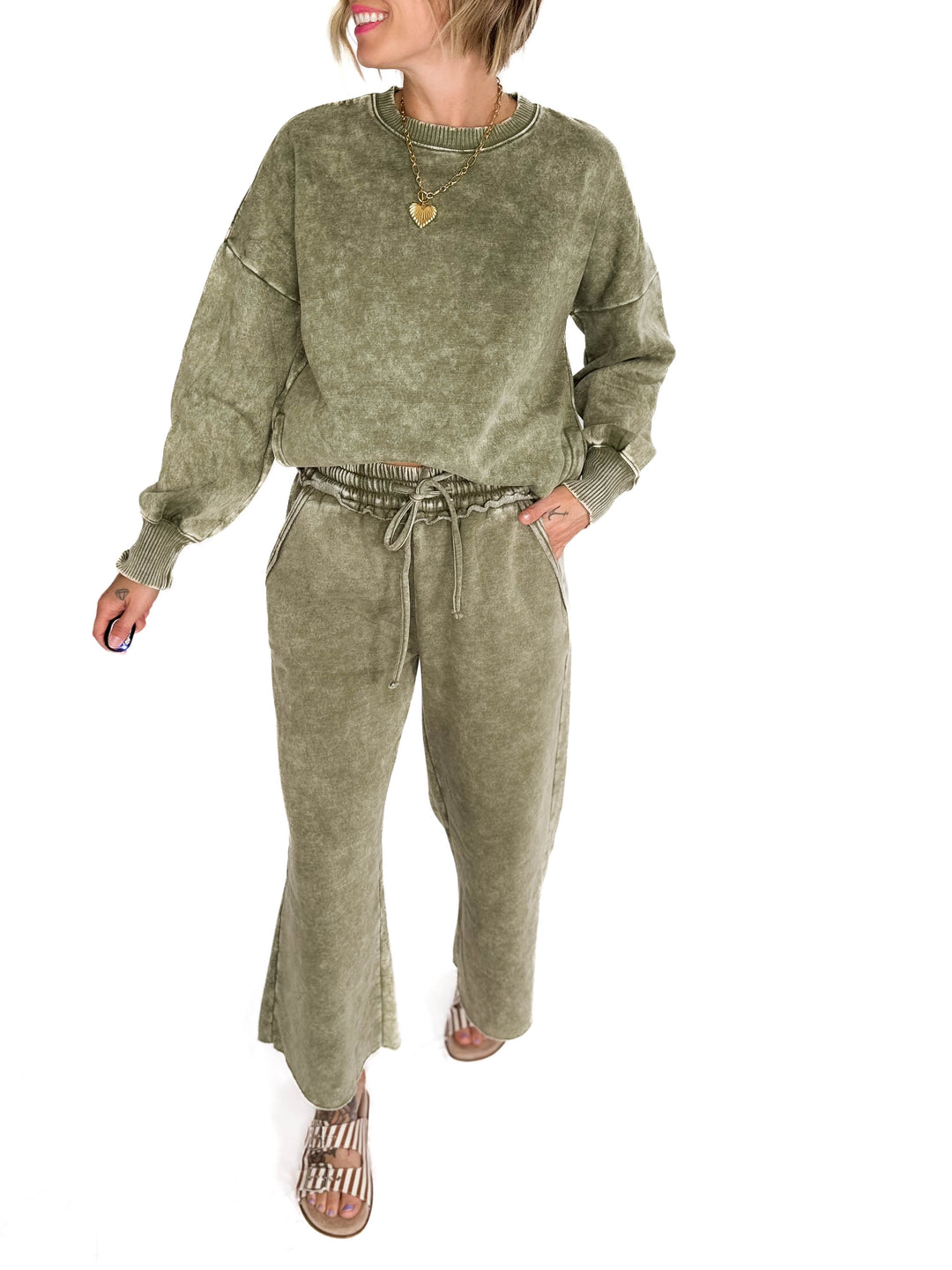 Caslo Acid Wash Fleece Palazzo Sweats- LT OLIVE