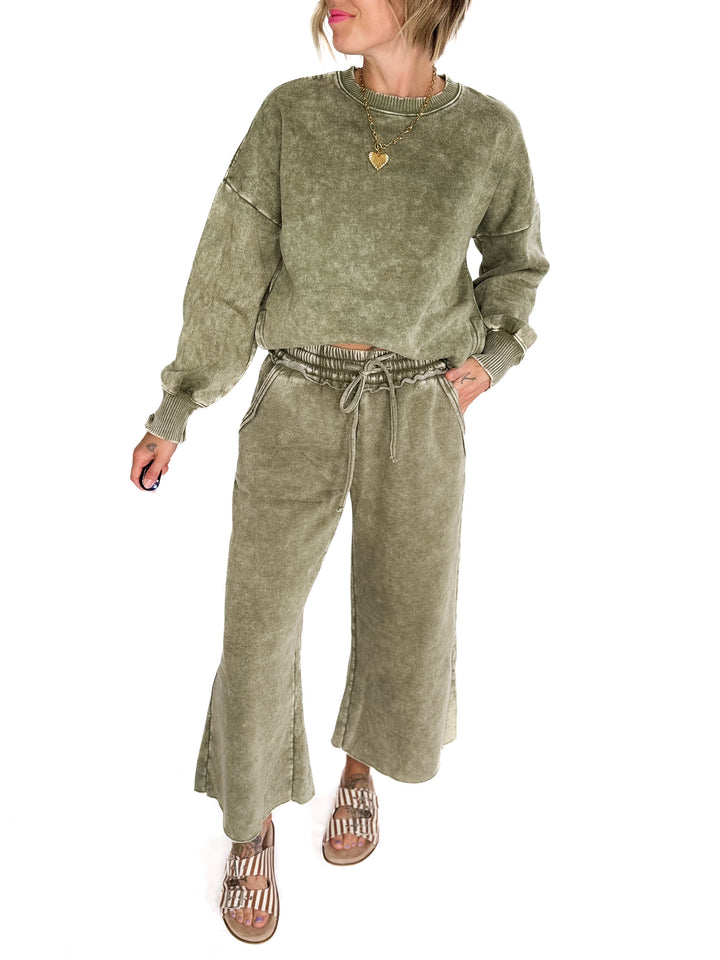 Caslo Acid Wash Fleece Palazzo Sweats- LT OLIVE