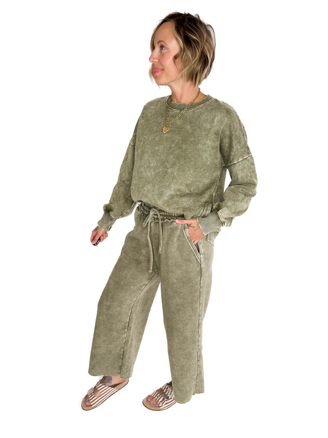 Caslo Acid Wash Fleece Palazzo Sweats- LT OLIVE
