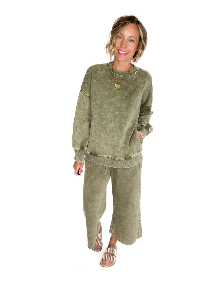 Caslo Acid Wash Fleece Pullover- LIGHT OLIVE