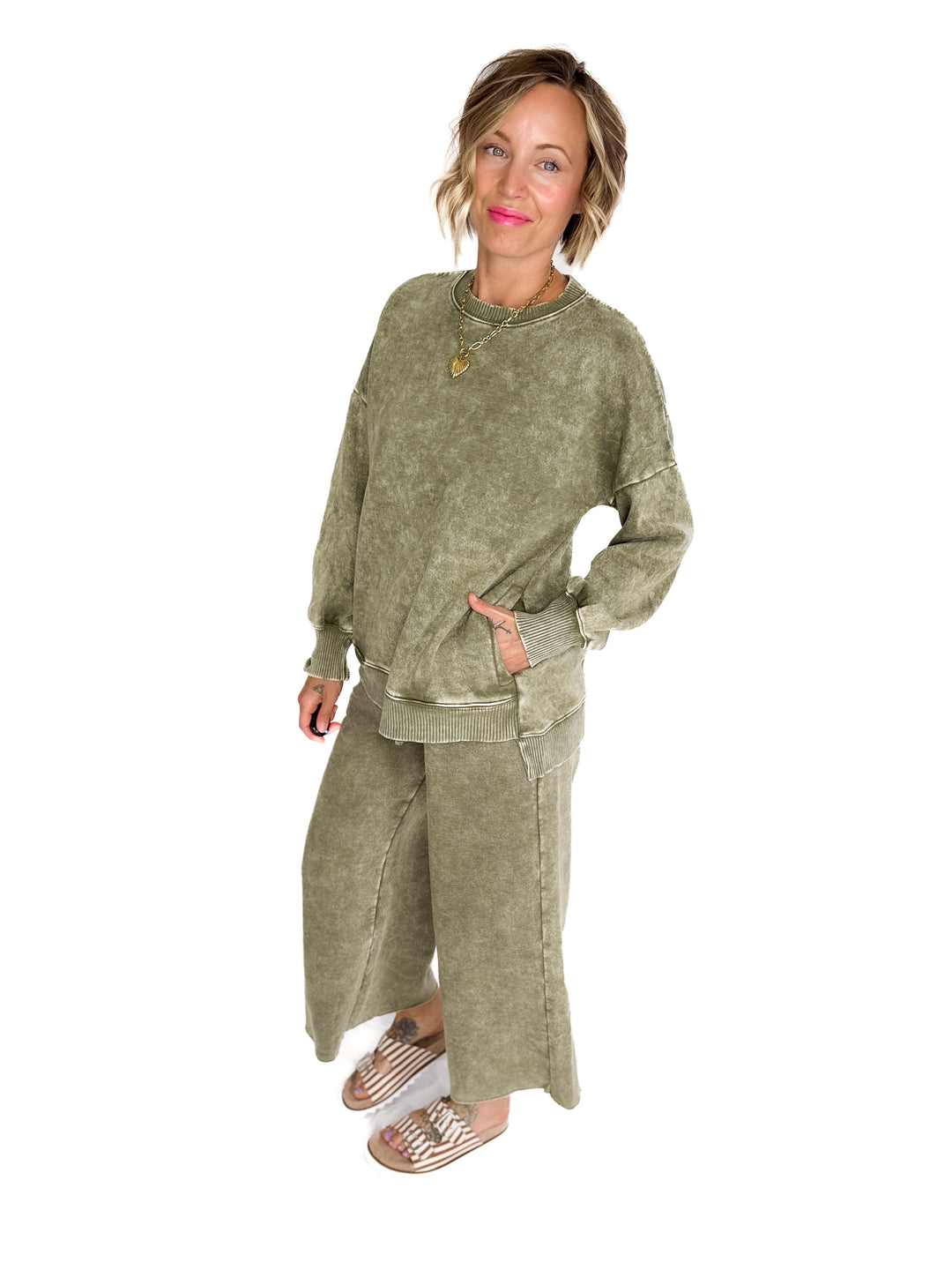 Caslo Acid Wash Fleece Pullover- LIGHT OLIVE