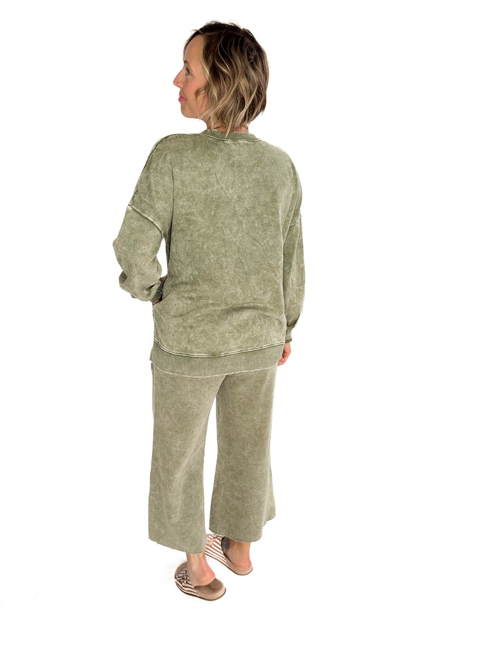 Caslo Acid Wash Fleece Palazzo Sweats- LT OLIVE