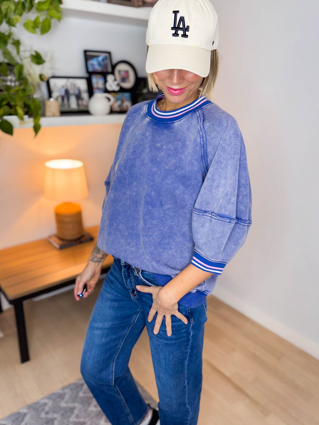 Alaina 1/2 Sleeve Pullover- WASHED DENIM