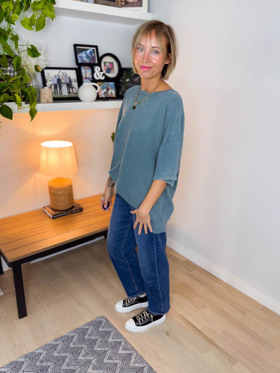 Keri Washed Cotton Boyfriend Tee- DARK TEAL