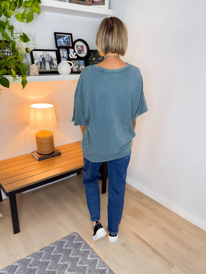 Keri Washed Cotton Boyfriend Tee- DARK TEAL