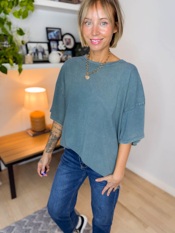 Keri Washed Cotton Boyfriend Tee- DARK TEAL