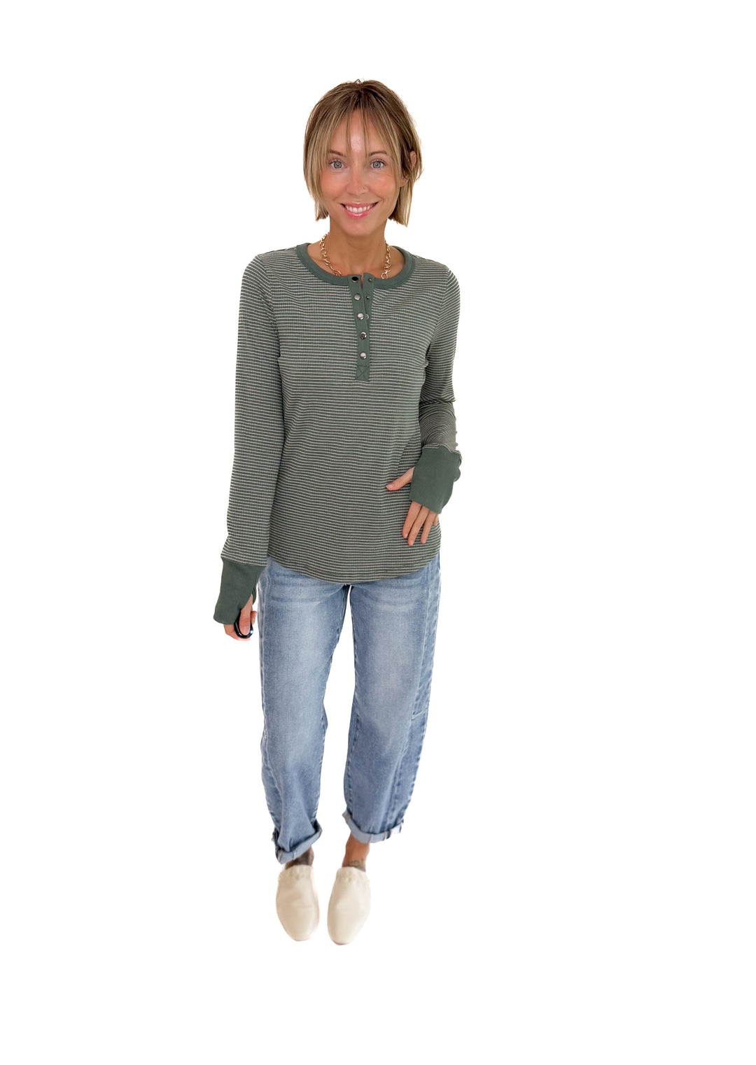 Drea Ribbed Snap Button Henley- FOREST