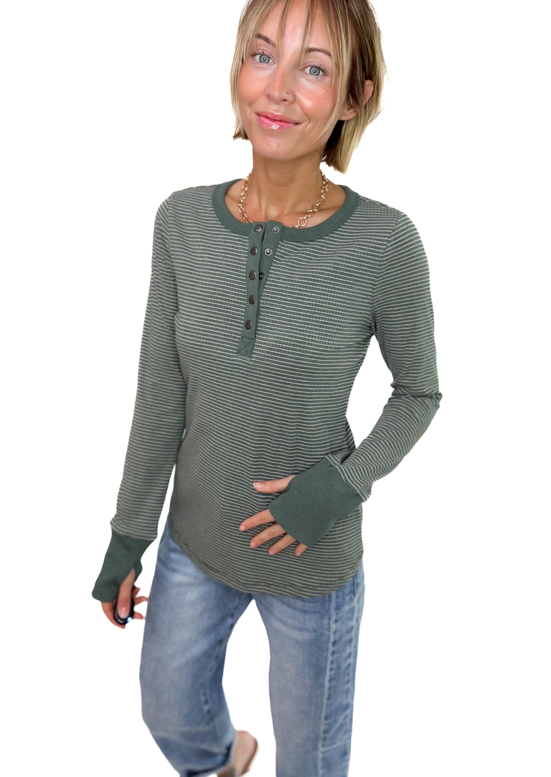 Drea Ribbed Snap Button Henley- FOREST