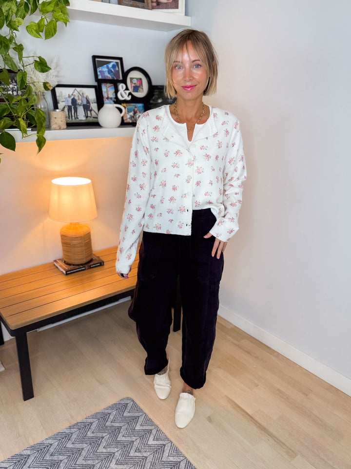 Fatima Floral Button Up Sweater Cardigan- OFF WHITE/PINK