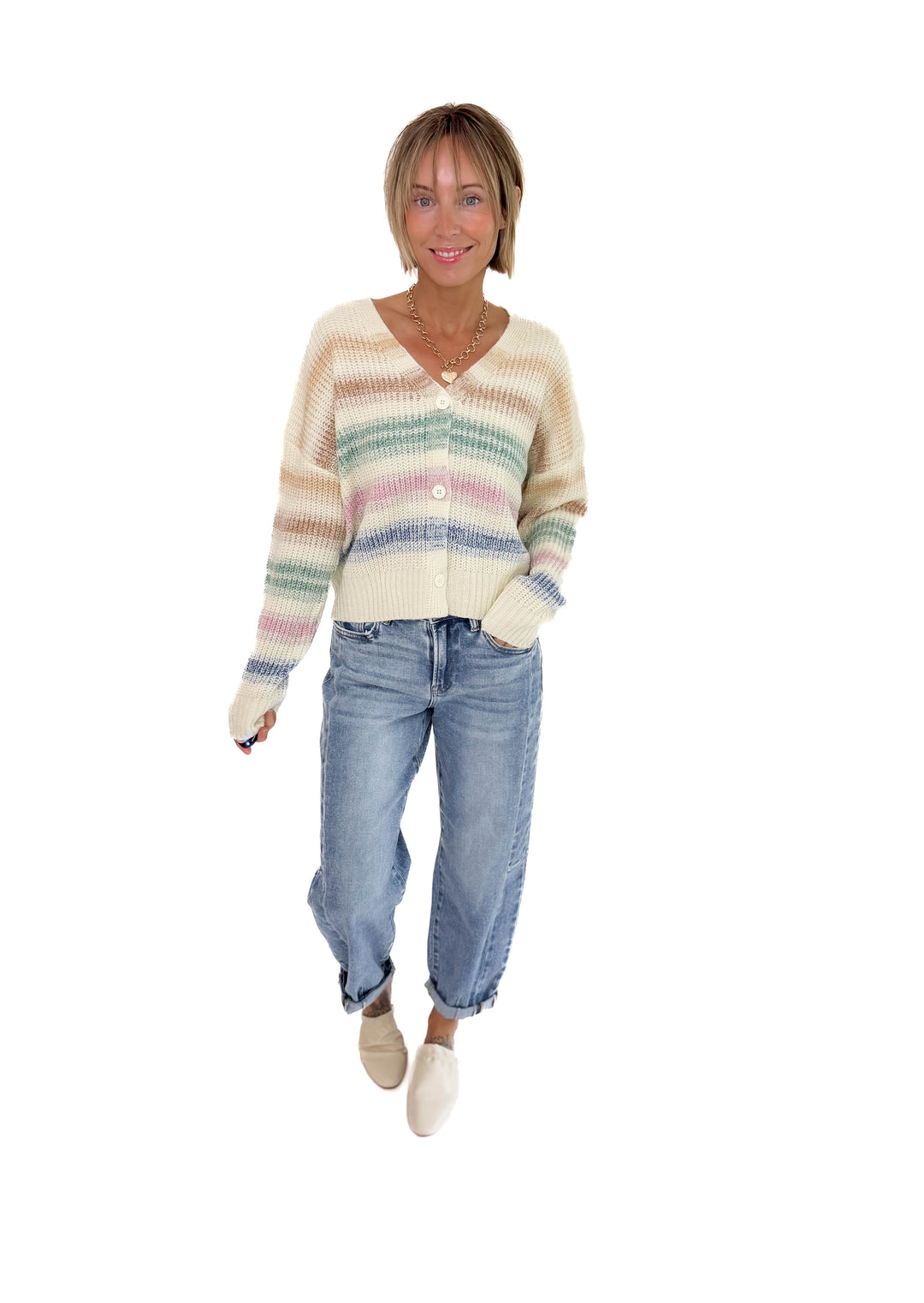 Hadley Multi Stripe Button Down Cardigan- CREAM MULTI