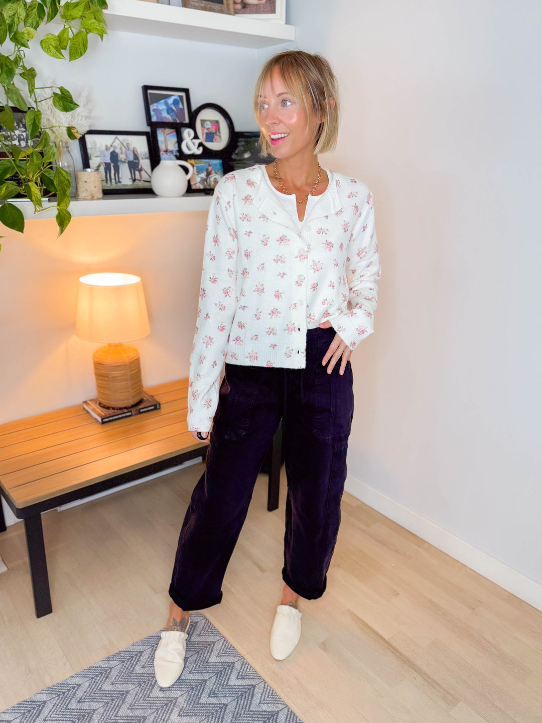 Fatima Floral Button Up Sweater Cardigan- OFF WHITE/PINK