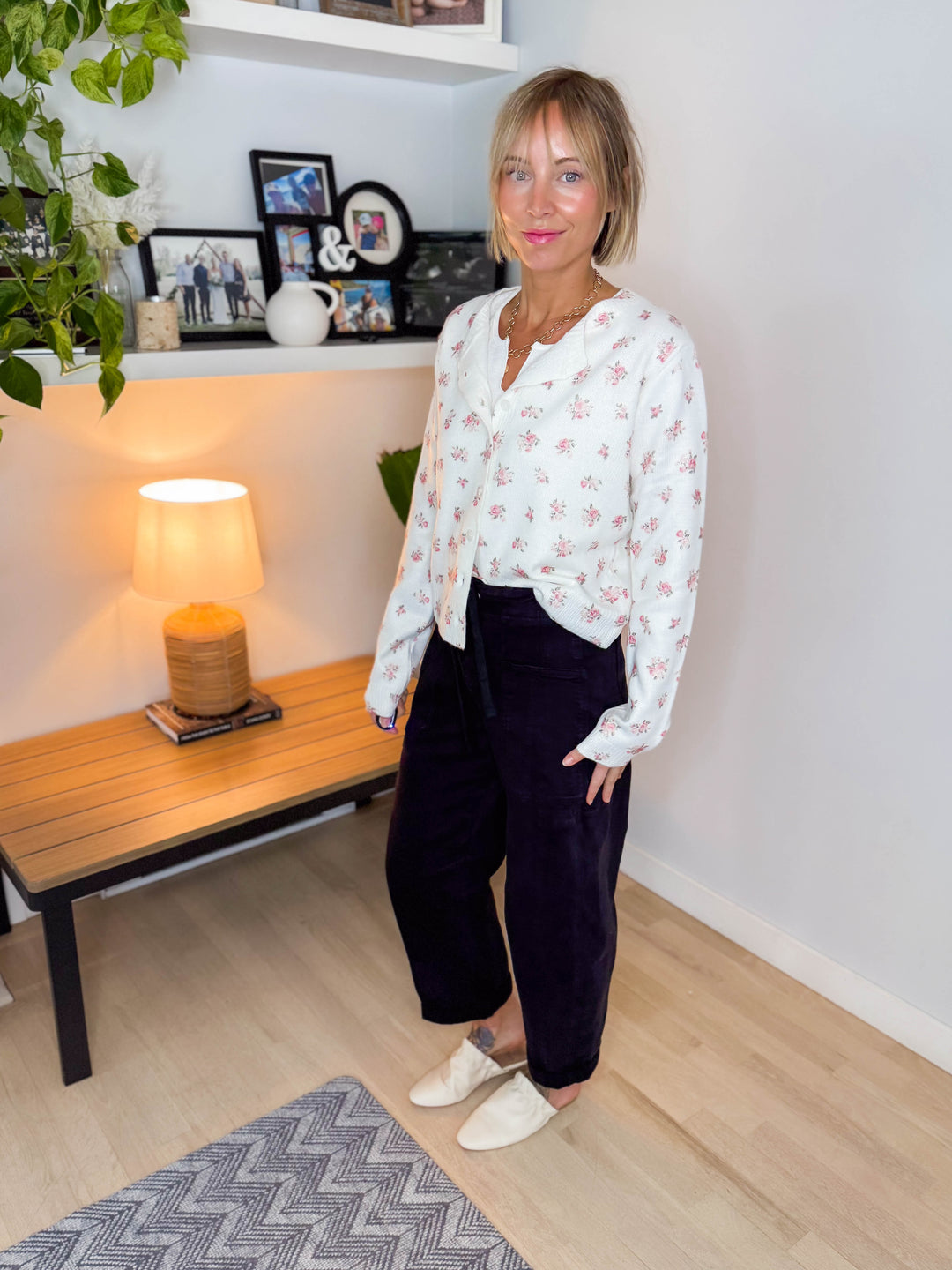 Fatima Floral Button Up Sweater Cardigan- OFF WHITE/PINK