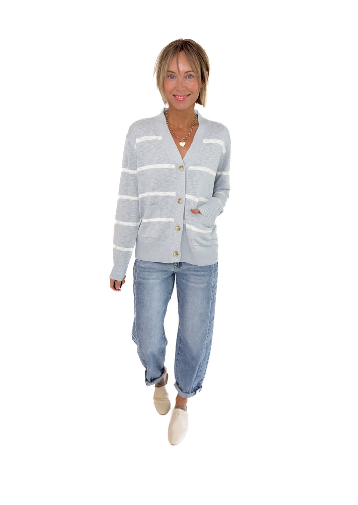 Hanelle Slub Knit Striped Cardigan- BABY BLUE