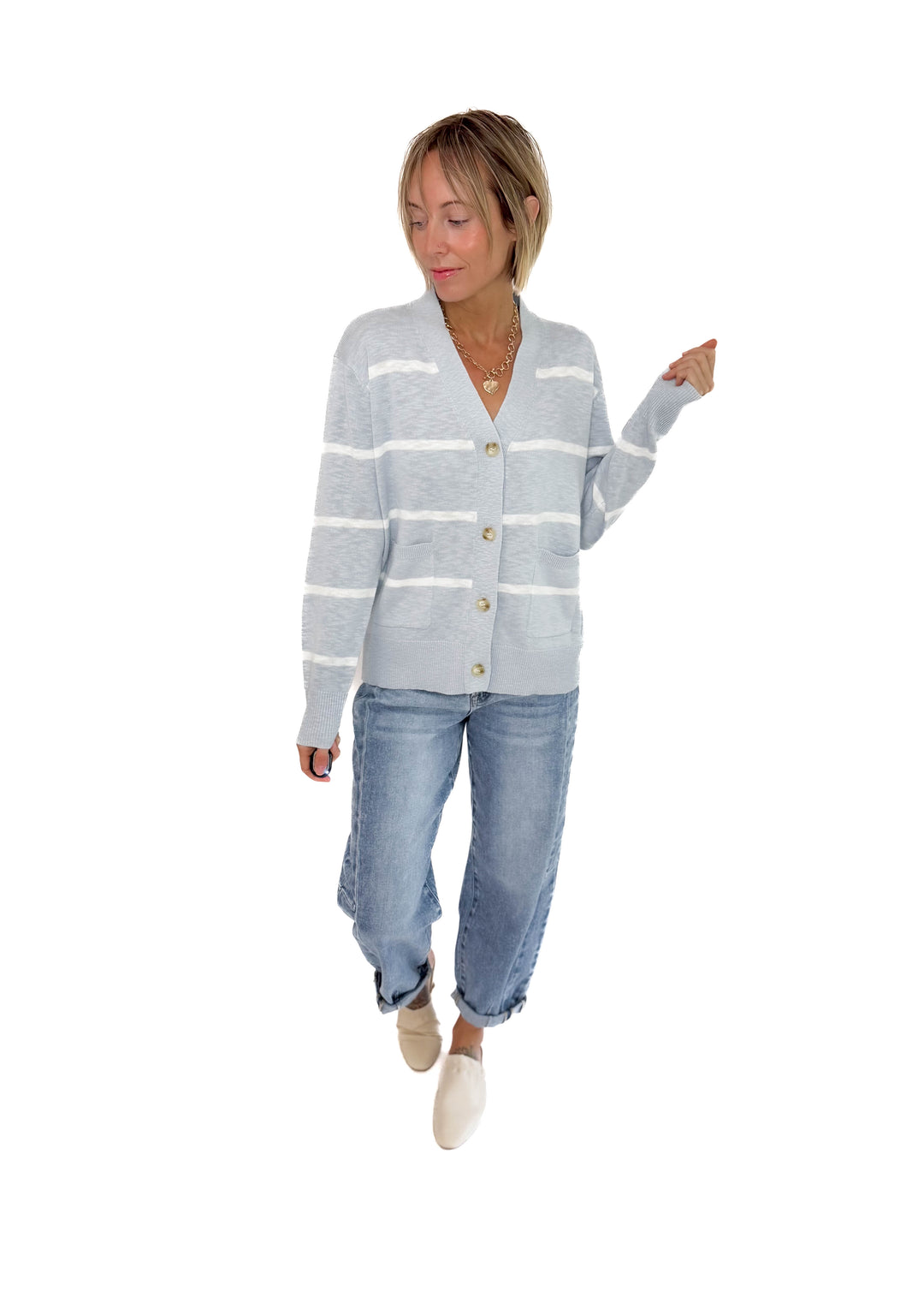 Hanelle Slub Knit Striped Cardigan- BABY BLUE