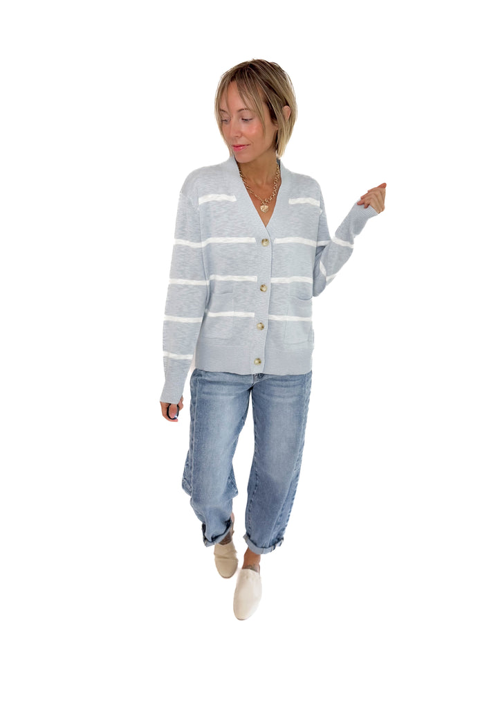 Hanelle Slub Knit Striped Cardigan- BABY BLUE