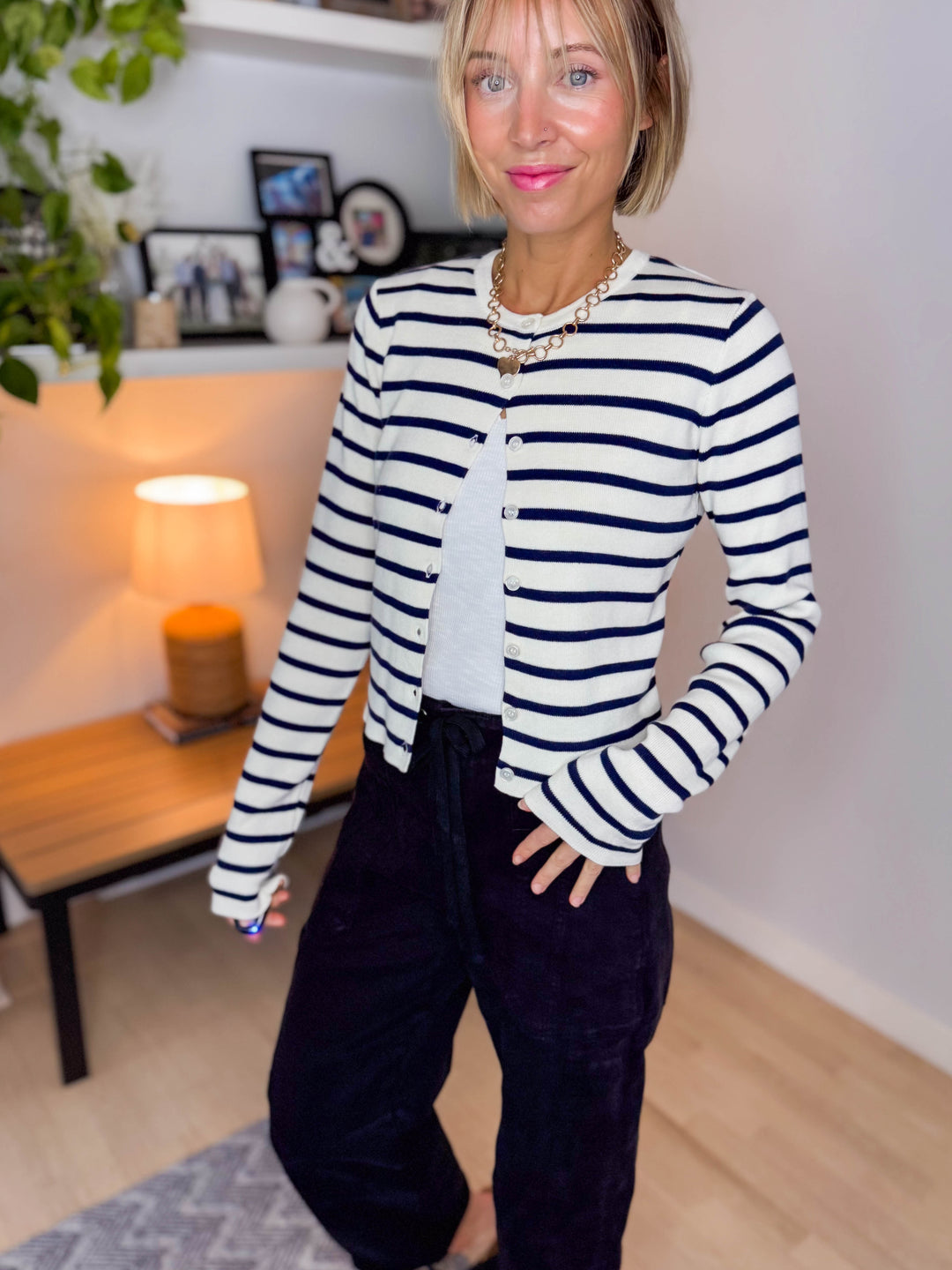 Victoria Stripe Button Down Sweater- NAVY